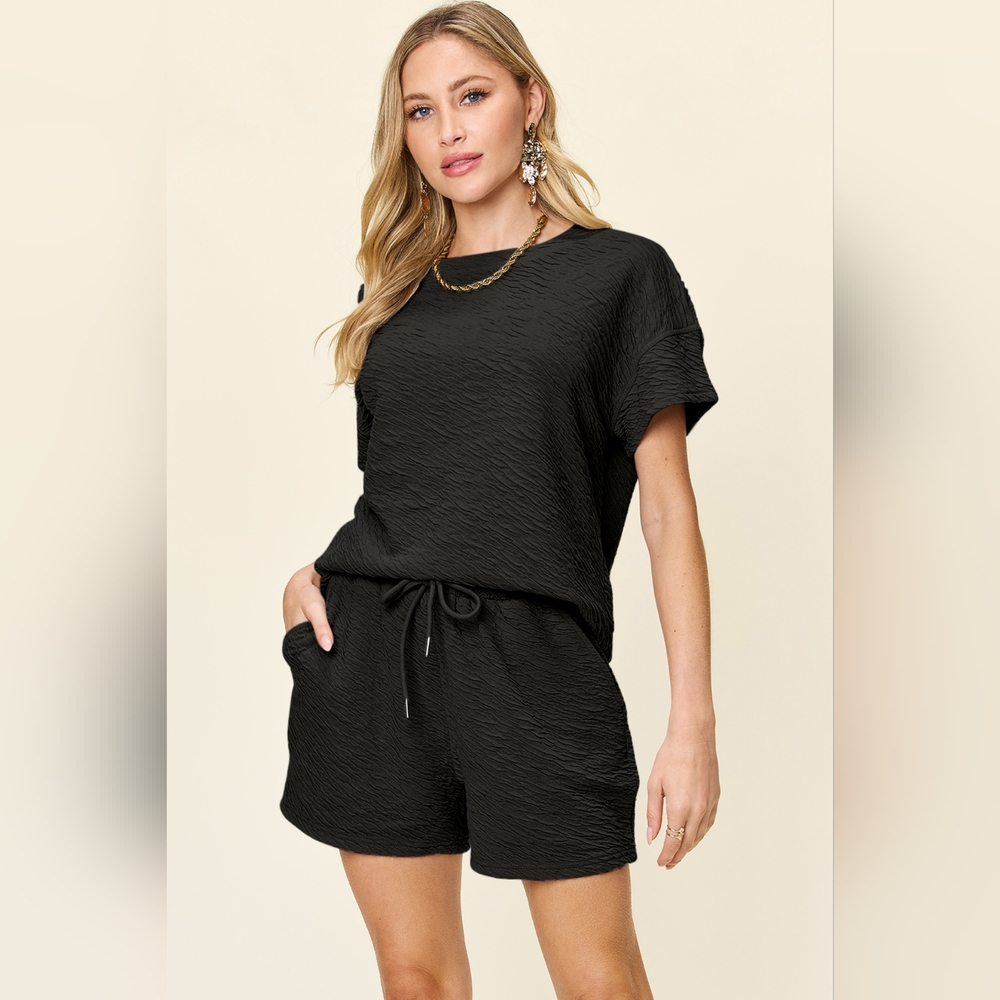 Double Take Full Size Texture Short Sleeve T-Shirt and Drawstring Shorts Set